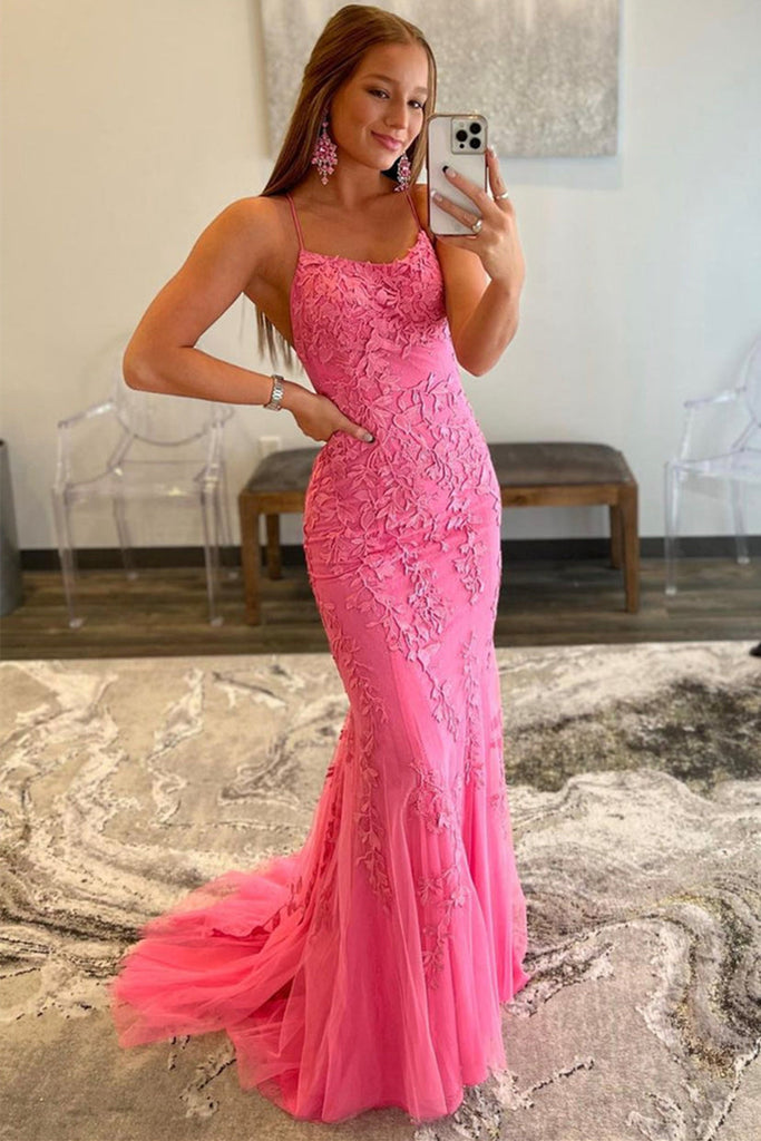 Mermaid Backless Hot Pink Lace Long ...